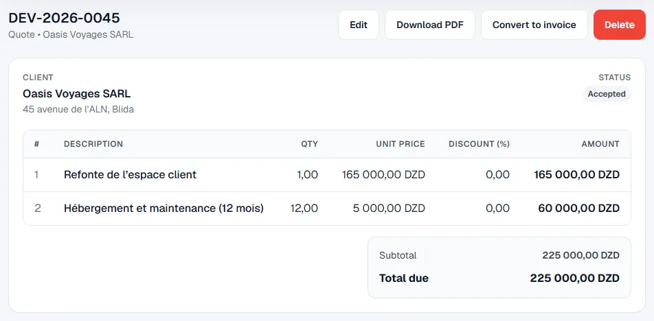 Quote DEV-2026-0045 accepted by Oasis Voyages SARL: two lines totalling 225,000 DZD, with the Edit, Download PDF and Convert to invoice buttons