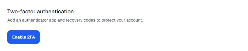 Two-factor authentication section of the profile, with a short explanation and the Enable 2FA button that starts the setup