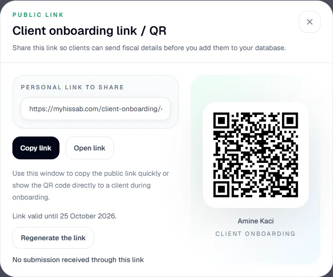 Client onboarding link / QR window: personal link to copy or open, QR code, validity date and the Regenerate the link button