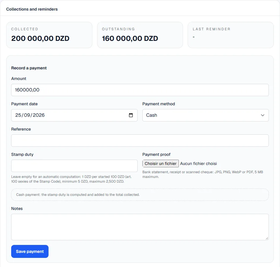 Collections and reminders block of an invoice: 200,000 DZD collected, 160,000 DZD outstanding and the Record a payment form set to cash, with stamp duty