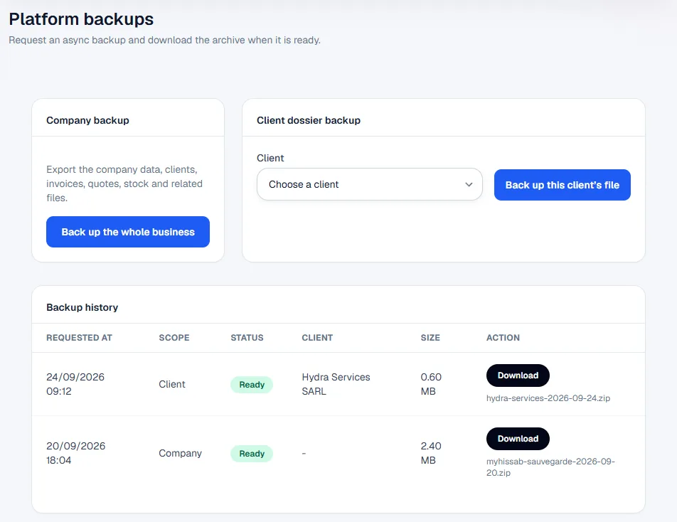 Platform backups page: Back up the whole business and Back up this client's file buttons, and a history of two archives ready to download