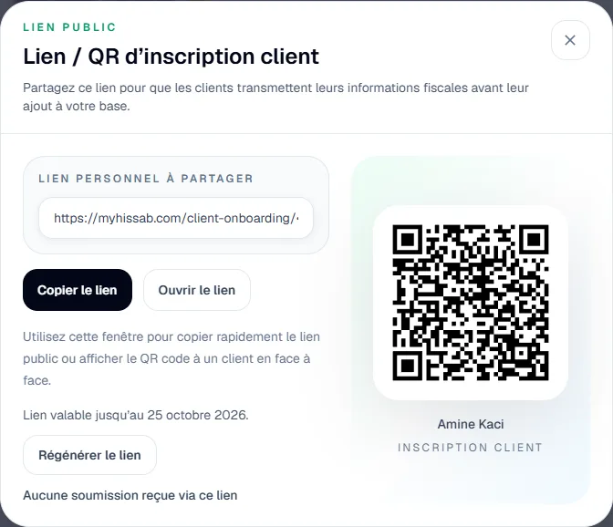 Fenêtre Lien / QR d'inscription client : lien personnel à copier ou ouvrir, QR code, date de validité et bouton Régénérer le lien