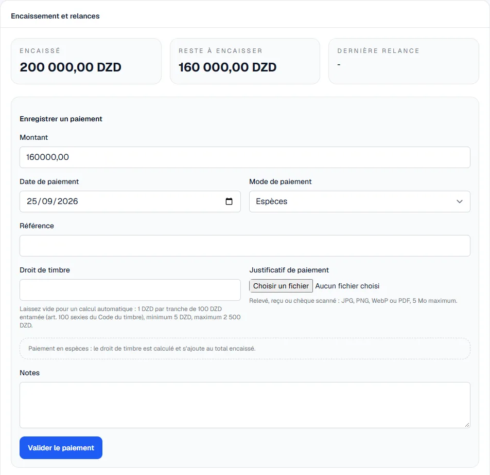 Bloc Encaissement et relances d'une facture : 200 000 DZD encaissés, 160 000 DZD restants et formulaire Enregistrer un paiement en espèces avec droit de timbre