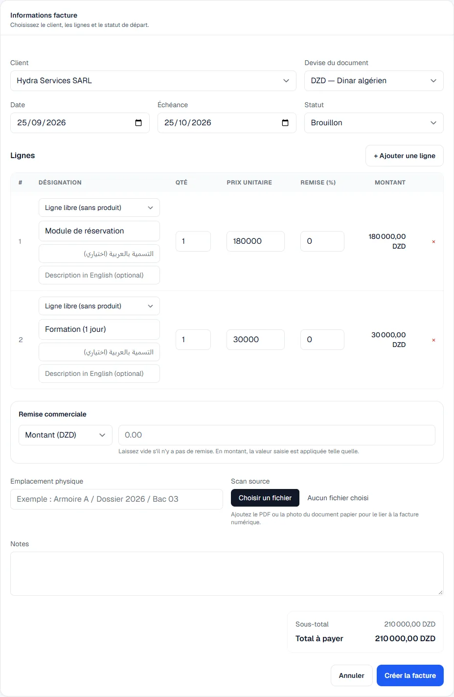 Formulaire de nouvelle facture : client, devise DZD, dates, statut Brouillon, deux lignes libres, remise commerciale et total à payer de 210 000 DZD