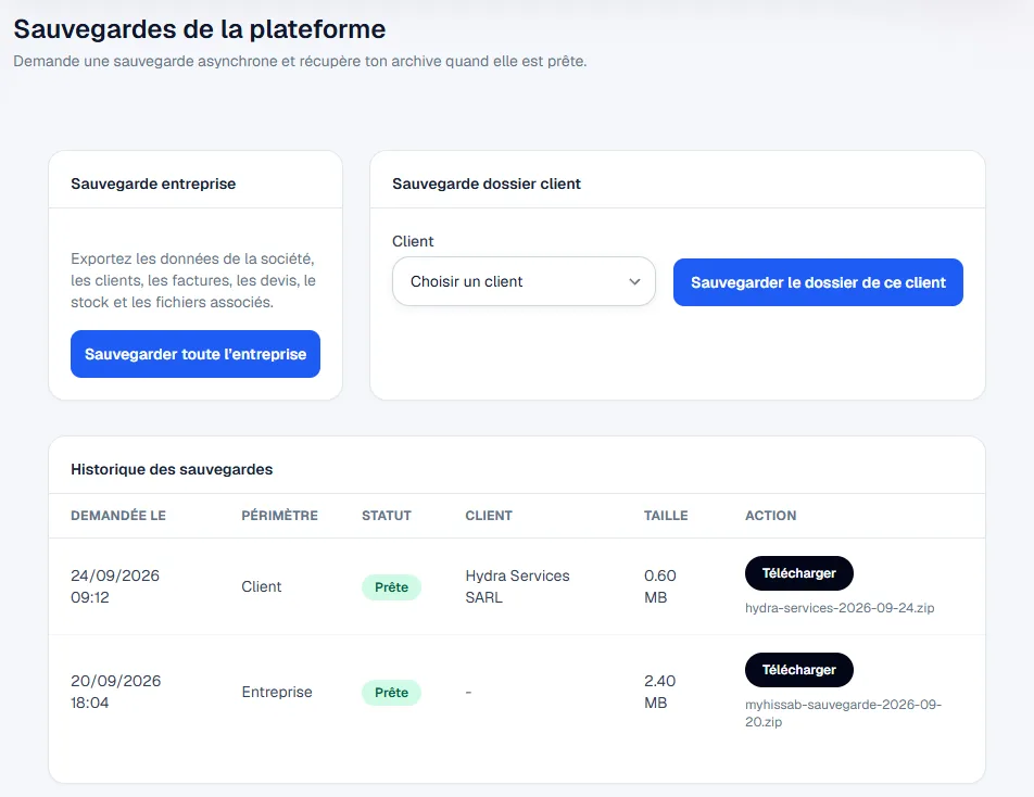 Page Sauvegardes : boutons Sauvegarder toute l'entreprise et Sauvegarder le dossier de ce client, et historique de deux archives prêtes à télécharger